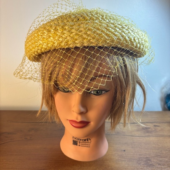 VTG 1940s 1950s Veiled Straw Woven Yellow Hat Headpiece Netting Union Made - Picture 4 of 9